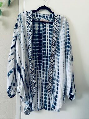 Open Front Kimono Shrug-Size XS- Blue and White Tie-Dye by Willow Root